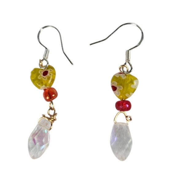Silver Plated Millefiori Lampwork Glass Teardrop AB Beads Dangle Earrings - Picture 2 of 2